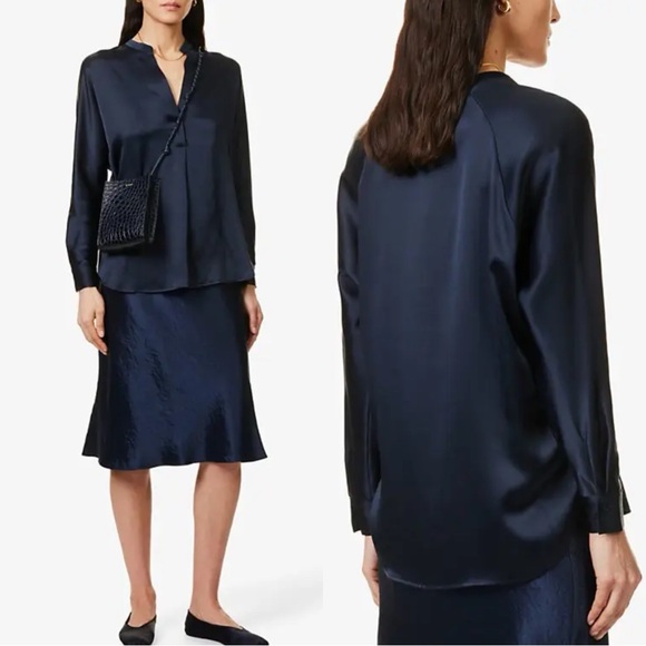Vince Tops - VINCE Band Collar Silk Navy Long Sleeve Blouse Top